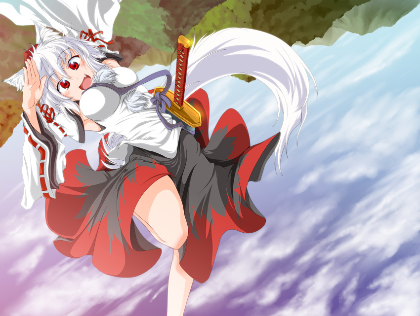 1girl, animal_ears, bare_shoulders, breasts, dagitsune_yuu, detached_sleeves, fang, hat