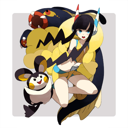 1girl, black_hair, blue_eyes, blush, emolga, gym_leader, headphones, kamitsure_(pokemon)