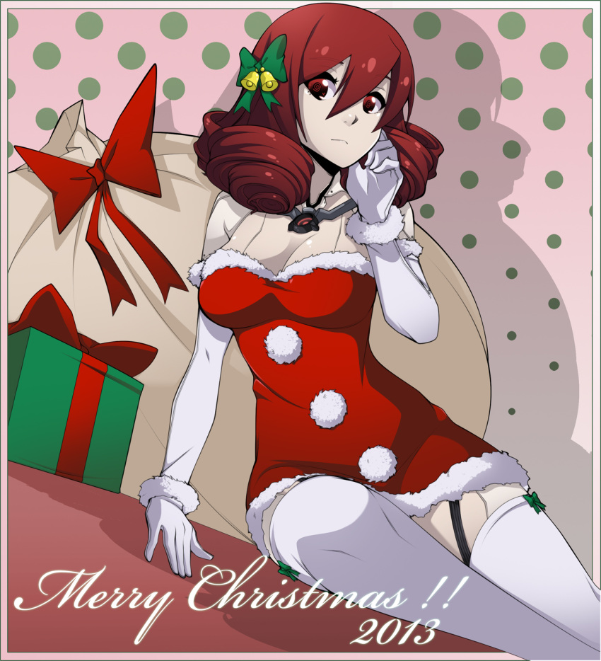 1girl, 2013, @_@, bell, box, breasts, christmas, cleavage