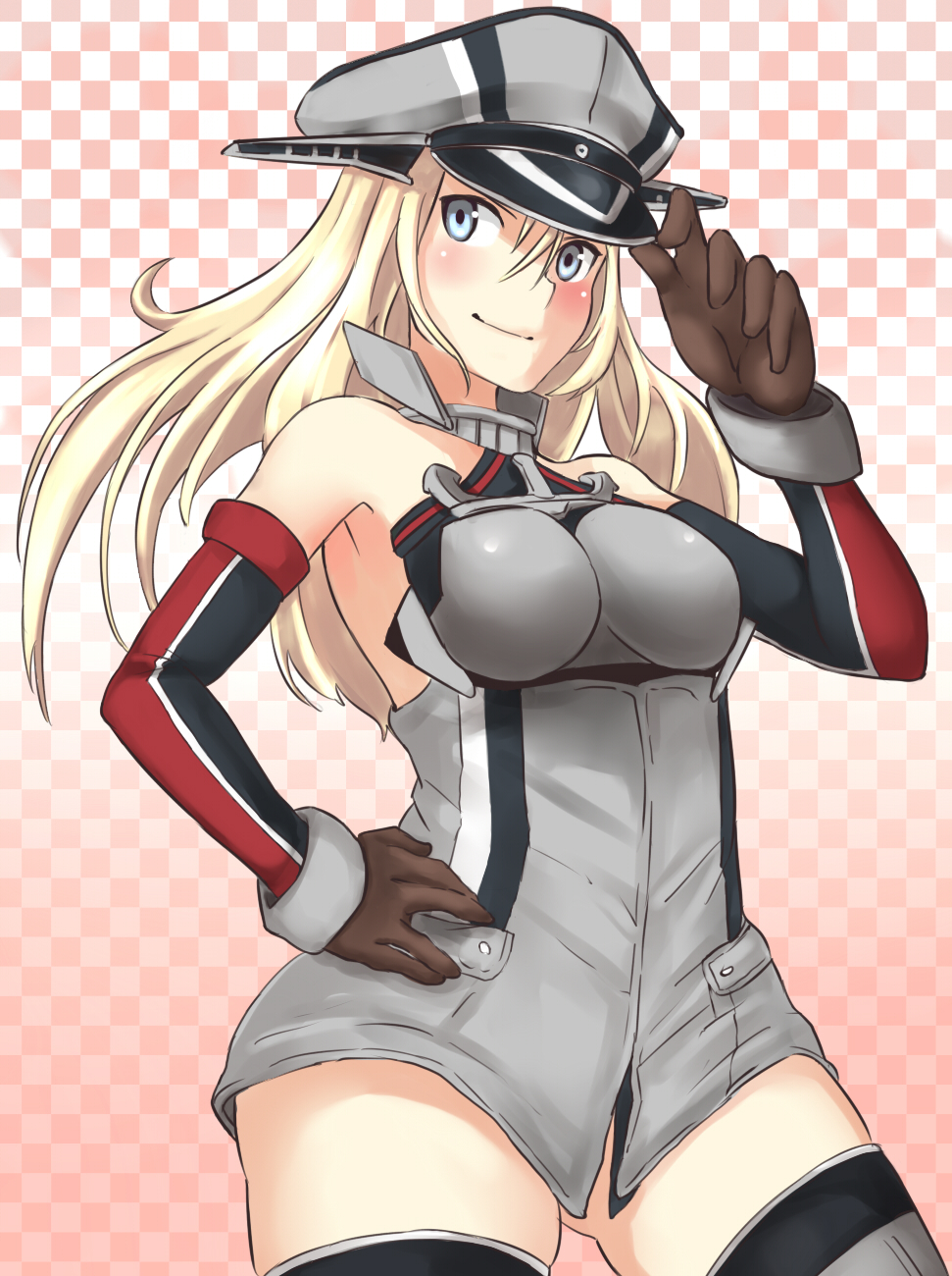 1girl, anchor, bare_shoulders, bismarck_(kantai_collection), blonde_hair, blue_eyes, blush, grey_legwear