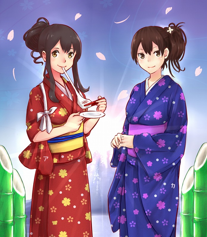 2girls, akagi_(kantai_collection), alternate_hairstyle, bamboo, blush, brown_eyes, brown_hair, chopsticks