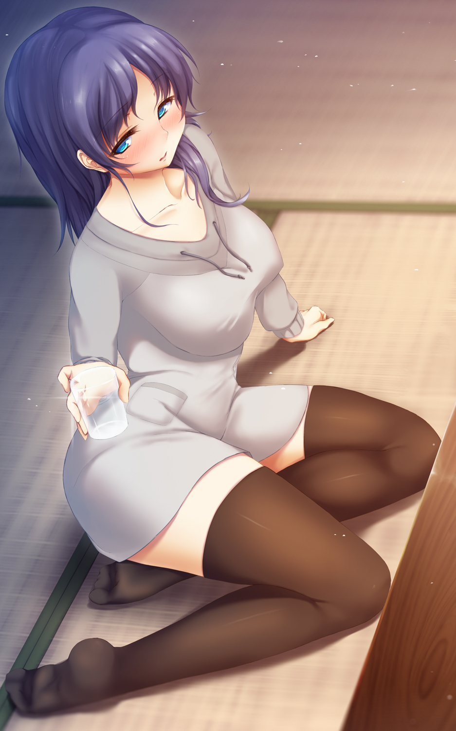 1girl, black_legwear, blue_eyes, blue_hair, blush, collarbone, drunk, glass