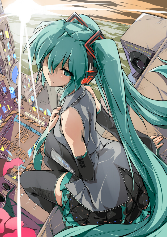 aqua_eyes, aqua_hair, detached_sleeves, hatsune_miku, headphones, headset, long_hair, necktie