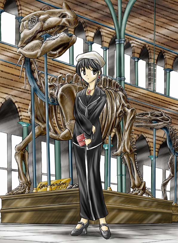 1girl, bag, black_eyes, black_hair, character_name, dinosaur, earrings, handbag, hat, holding_bag, iguanodon, jewelry, megalosaurus, museum, original, pants, pendant, short_hair, skeleton, solo, standing, yoshimoto_minoru, you're_doing_it_wrong