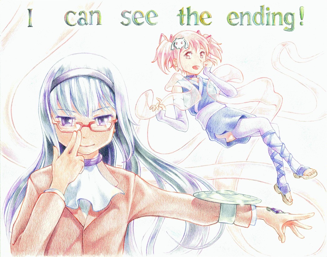 2girls, akemi_homura, barefoot_sandals, blazer, candide, choker, cosplay, cravat