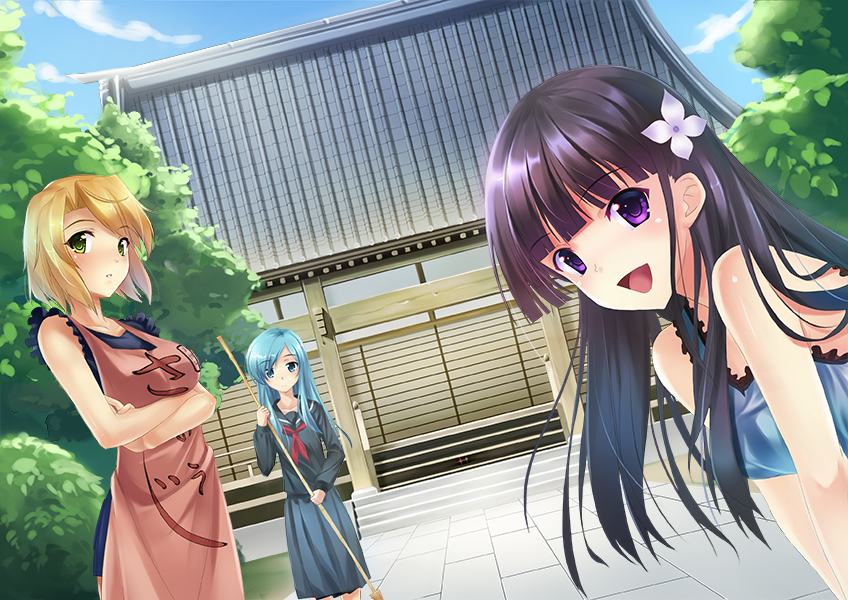 3girls, :d, ame_no_uta, apron, black_hair, blonde_hair, blue_eyes, blue_hair
