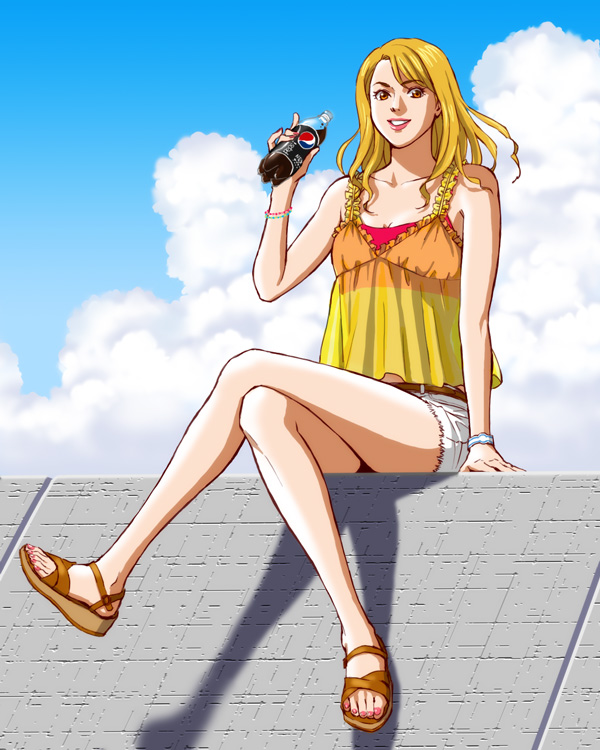 1girl, arm_support, bare_arms, bare_legs, blonde_hair, bottle, brown_eyes, brown_footwear