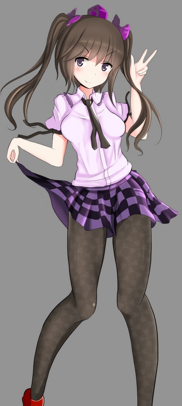 1girl, blouse, blush, breasts, brown_hair, grey_background, grey_eyes, hair_ribbon, hat, head_tilt, himekaidou_hatate, looking_at_viewer, necktie, pantyhose, plaid, plaid_skirt, print_legwear, raised_hand, ribbon, short_hair, short_sleeves, simple_background, skirt, skirt_lift, smile, solo, tokin_hat, touhou, twintails, v, zibun_owl