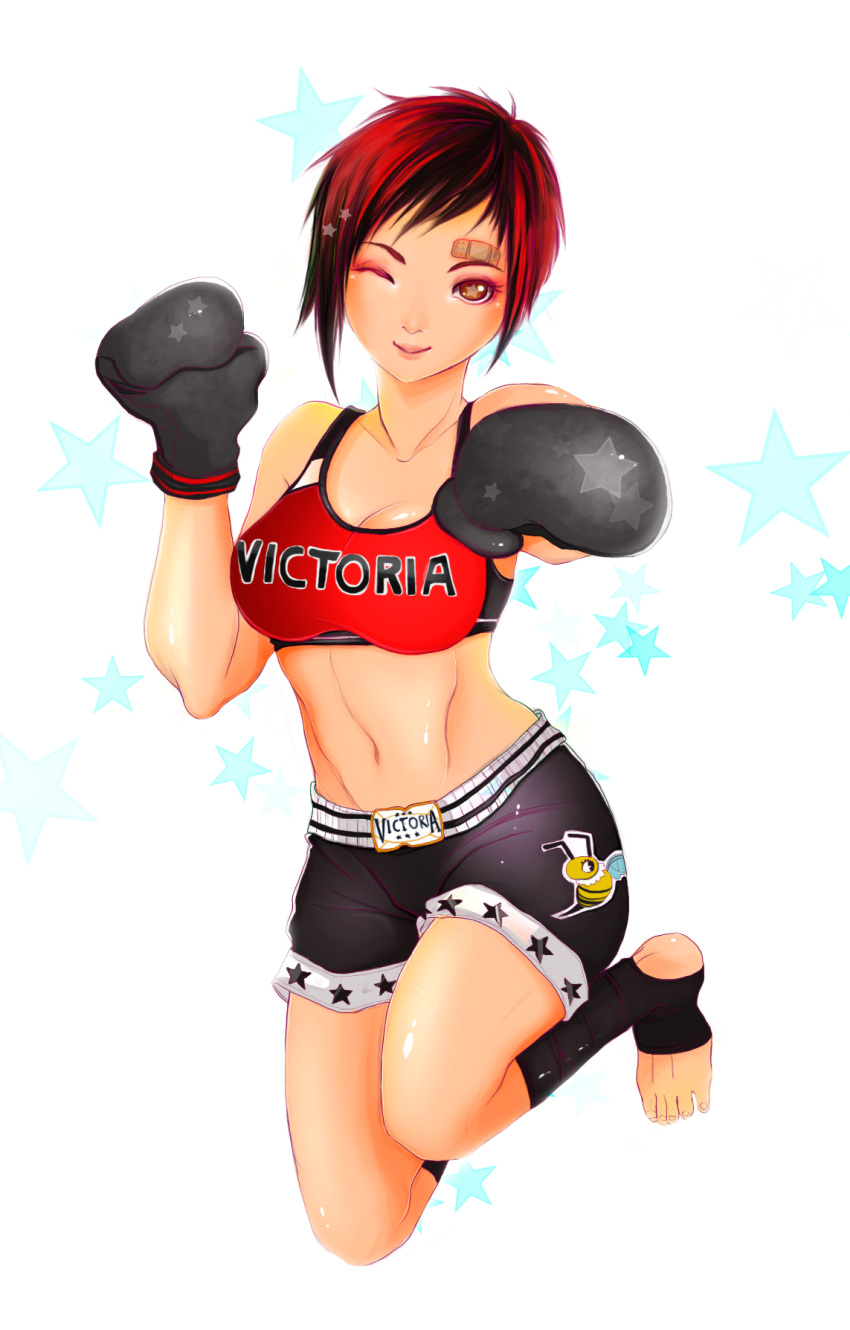 1girl, boxing_gloves, breasts, brown_eyes, cleavage, dead_or_alive, dead_or_alive_5, highres, large_breasts, mila_(doa), mixed_martial_arts, navel, redhead, short_hair, smile, solo, sports_bra, star, star-shaped_pupils, symbol-shaped_pupils, tiuco, toeless_socks, toes, wink
