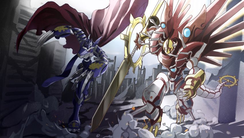 armor, cape, claws, digimon, digimon_savers, dk_(13855103534), miragegaogamon, shinegreymon, sword, tagme, weapon, wings