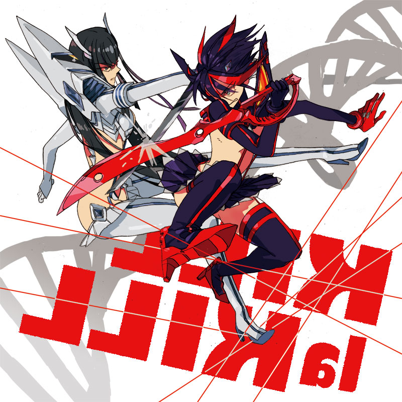 2girls, black_hair, high_heels, jin_(rewind00), junketsu, kill_la_kill, kiryuuin_satsuki, long_hair, matoi_ryuuko, matoi_ryuuko_(senketsu_kamui), multicolored_hair, multiple_girls, redhead, scissor_blade, senketsu, short_hair, sword, thigh-highs, two-tone_hair, weapon