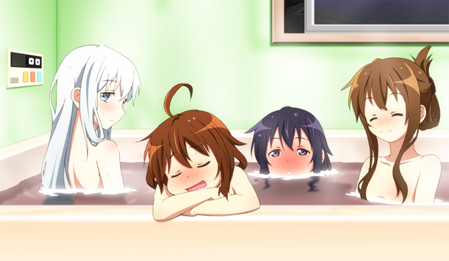 4girls, ahoge, akatsuki_(kantai_collection), bath, bathtub, black_hair, blue_eyes, blush