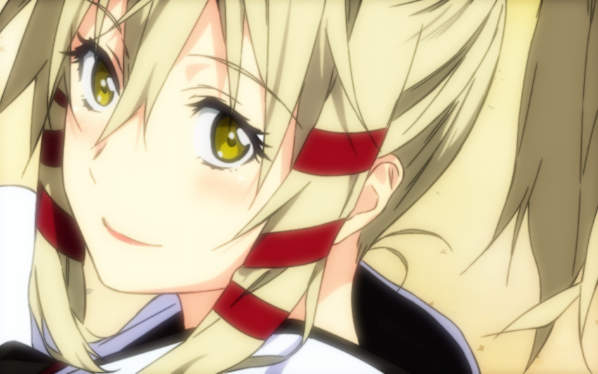 1girl, blonde_hair, blush, face, hair_ribbon, inari_konkon_koi_iroha., looking_at_viewer, ponytail
