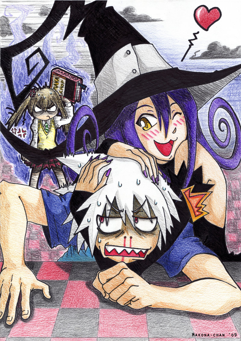 angry, blair, blonde_hair, blush, maka, maka_albarn, nosebleed, purple_hair
