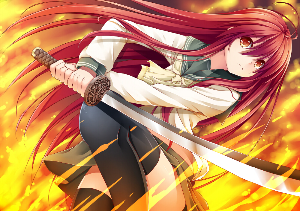 1girl, creek_(moon-sky), fire, long_hair, red_eyes, redhead, school_uniform, serafuku