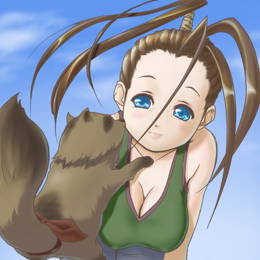 1girl, antenna_hair, black_hair, blue_eyes, blush, breasts, casual, cleavage, don_(street_fighter), down_blouse, hikawa2, ibuki, large_breasts, lips, long_hair, ninja, ponytail, smile, street_fighter, tank_top, tanuki