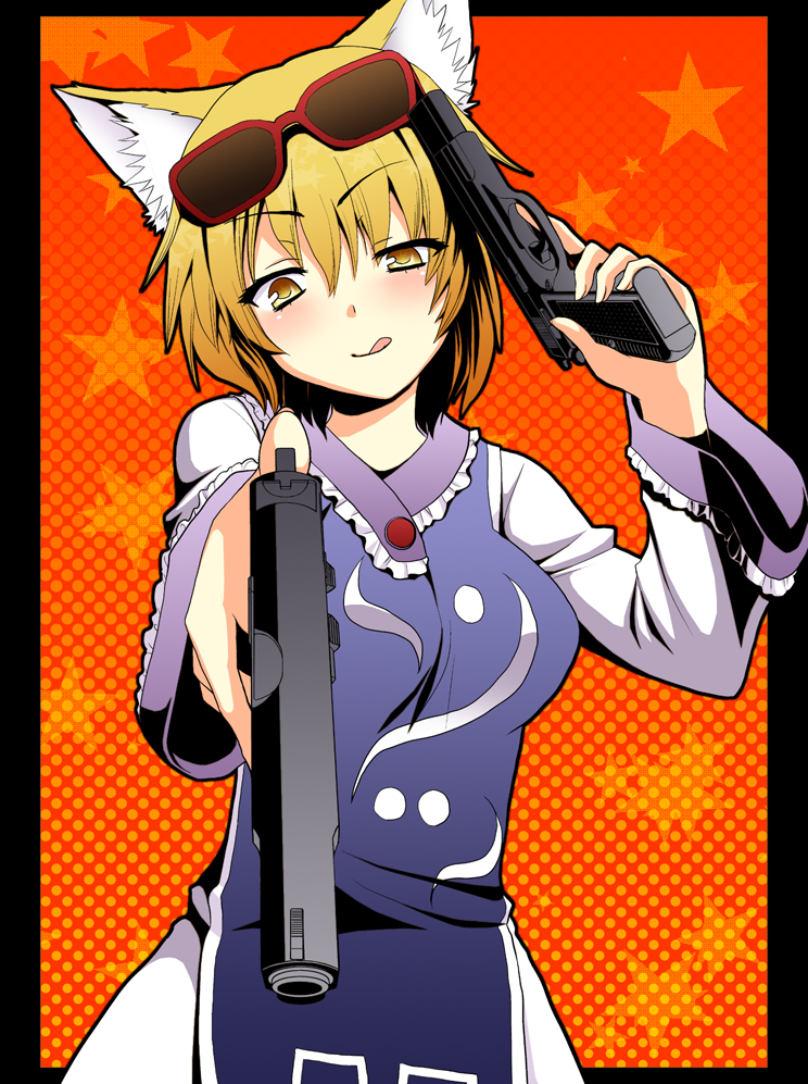 :q, animal_ears, blonde_hair, fox_ears, gun, hands, saki_chisuzu, sakichi_suzu