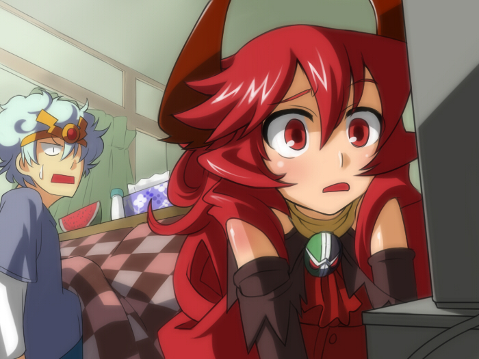 1boy, 1girl, borrowed_character, circlet, commentary_request, curly_hair, demon_girl, demon_horns, elbow_gloves, food, fruit, gloves, horns, long_hair, maou_beluzel, original, red_eyes, redhead, sweatdrop, tissue_box, watching_television, watermelon, yugami_gooshu, yuusha_masatoshi, yuusha_to_maou
