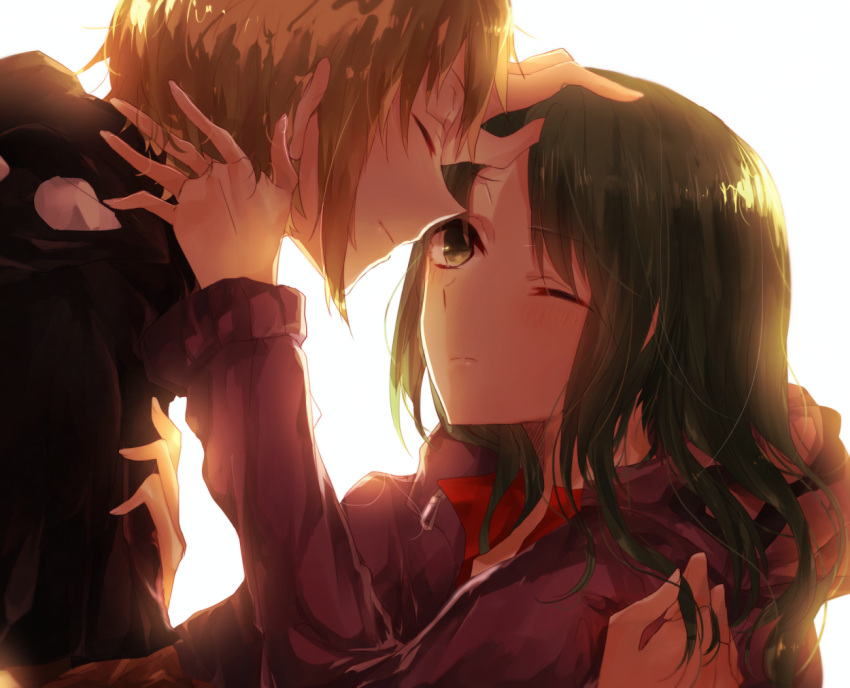 1boy, 1girl, brown_hair, chunnkoromochi, green_hair, hoodie, kagerou_project, kano_shuuya