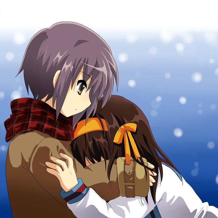brown_hair, coat, comforting, hairband, hug, mochizuki_yomogi, nagato_yuki, scarf