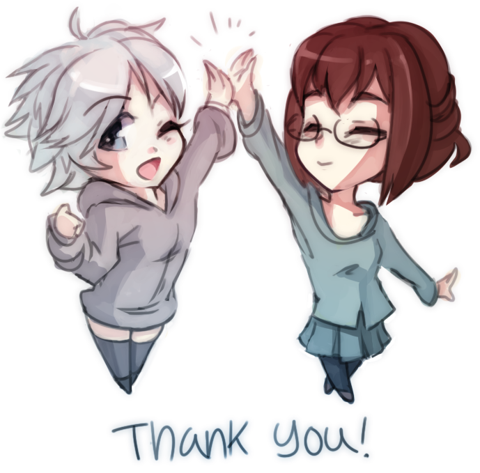 2girls, blue_eyes, brown_hair, chibi, dysfunctional_systems, glasses, high_five, multiple_girls