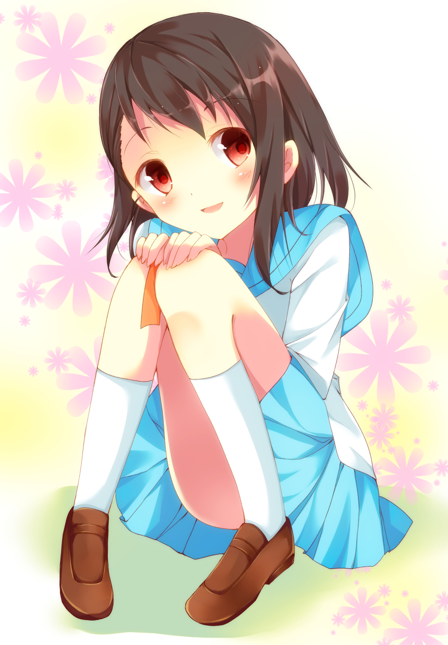 1girl, brown_eyes, brown_hair, censored, convenient_censoring, highres, knees_on_chest, knees_together_feet_apart