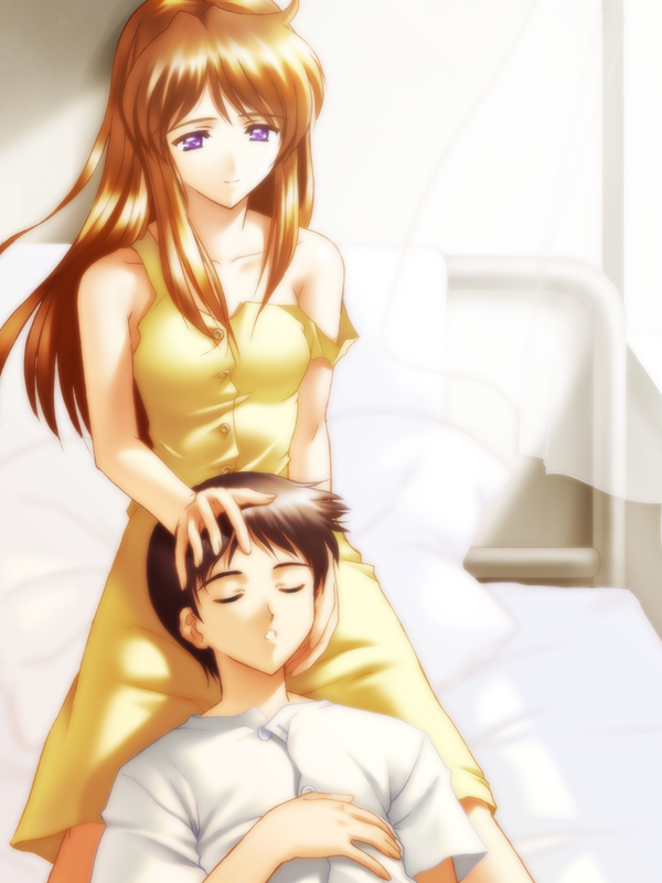 1boy, 1girl, brown_hair, dress, ikari_shinji, lap_pillow, neon_genesis_evangelion, off_shoulder
