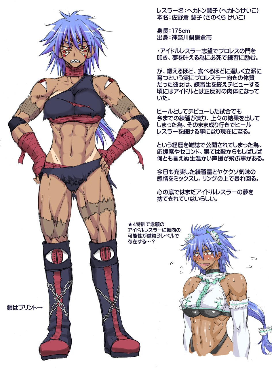 1girl, abs, alternate_costume, bared_teeth, boots, breasts, buchou_chinke, character_request, character_sheet, dark_skin, elbow_gloves, elbow_pads, facepaint, gloves, grey_hair, hands_on_hips, highres, knee_boots, long_hair, muscle, navel, ponytail, red_eyes, solo, sweatdrop, tan, tanline, wrestling_outfit, wrist_wraps