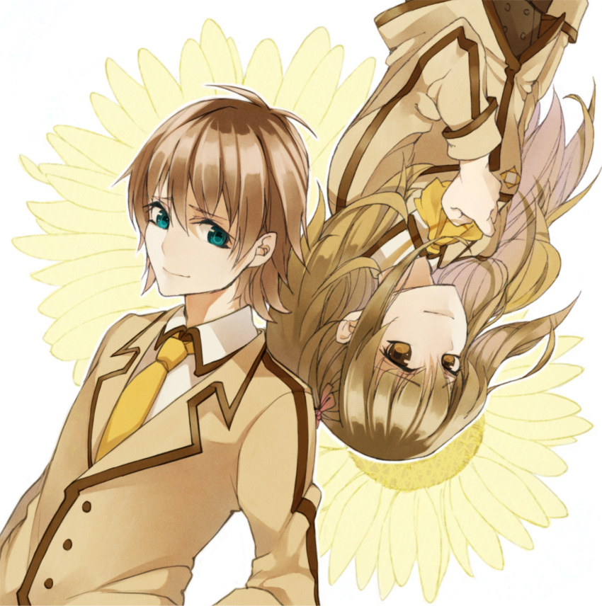 1boy, 1girl, blue_eyes, brown_eyes, brown_hair, couple, flower, hare_(haaale), highres, hisanuma_sayu, isaki_kaname, long_hair, nagi_no_asukara, school_uniform, short_hair, sunflower, twintails, two_side_up, upside-down