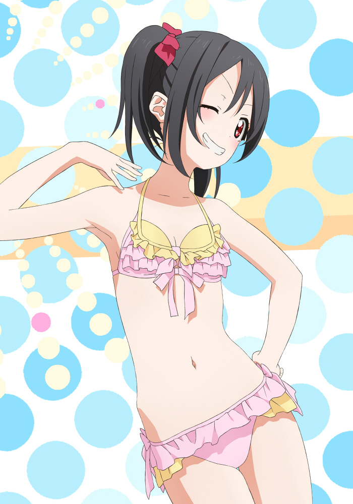 1girl, bikini, black_hair, frilled_bikini, frills, grin, long_hair, love_live!_school_idol_project