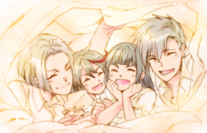 1boy, 3girls, ^_^, black_hair, child, closed_eyes, family, happy, kill_la_kill, kiryuuin_ragyou, kiryuuin_satsuki, kiryuuin_souichirou, matoi_ryuuko, multiple_girls, nameetake, smile, spoilers, what_if, young
