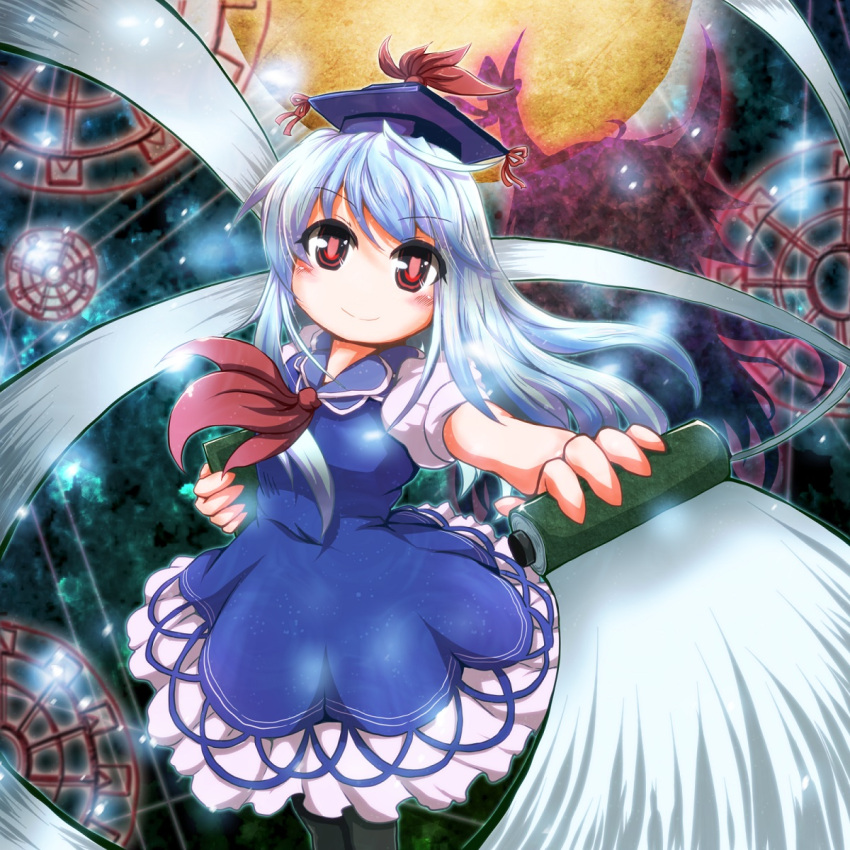 1girl, blue_background, blue_hair, book, circle, different_shadow, dress, ex-keine