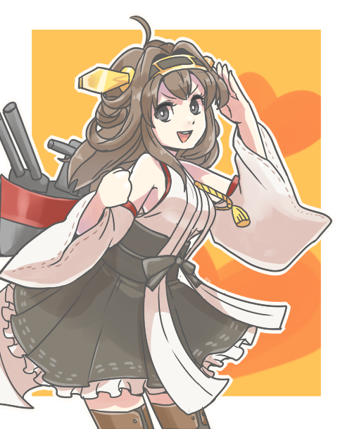 1girl, ahoge, black_eyes, brown_hair, cannon, hairband, kantai_collection, kongou_(kantai_collection)