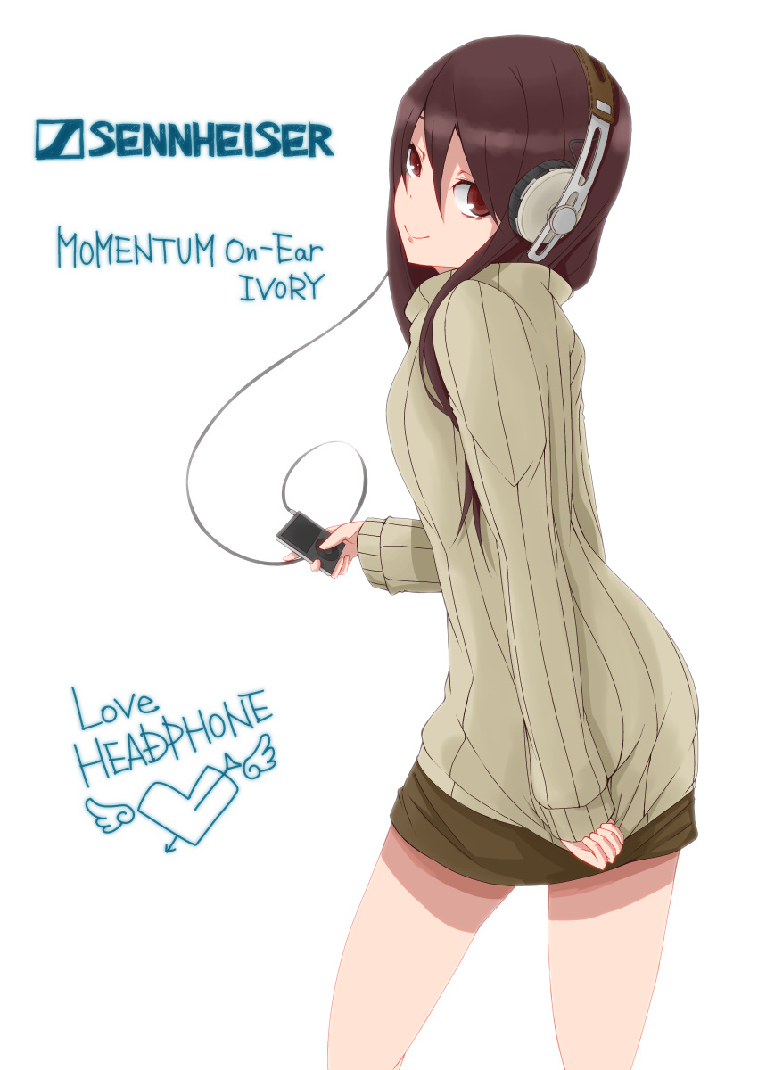 1girl, absurdres, brown_eyes, brown_hair, cable, digital_media_player, headphones, highres, long_hair, miniskirt, original, product_placement, ribbed_sweater, saiho, sennheiser, skirt, solo, sweater