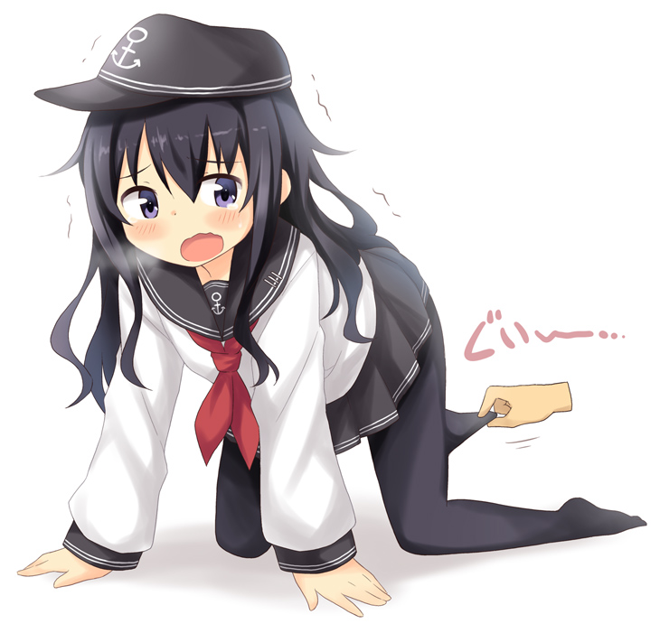1girl, akatsuki_(kantai_collection), all_fours, black_hair, blue_eyes, blush, dekosuke, hat
