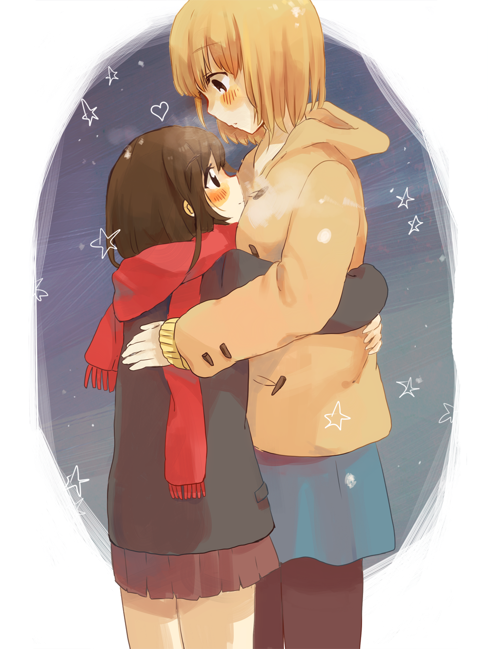 2girls, blonde_hair, blush, brown_eyes, brown_hair, coat, foomi, heart, highres, hug, multiple_girls, original, pantyhose, short_hair, skirt, smile, standing, star, yuri