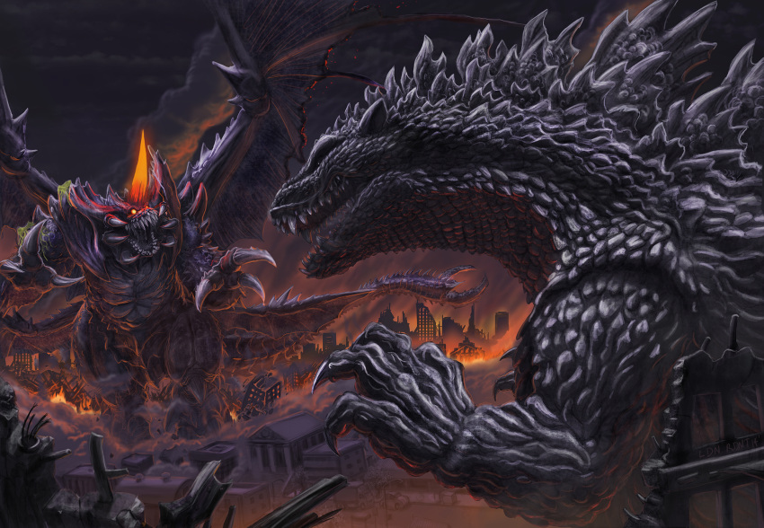 battle, city, claws, destoroyah, fire, godzilla, godzilla_(series), godzilla_vs._destoroyah, highres, horn, kaijuu, monster, night, no_humans, ruins