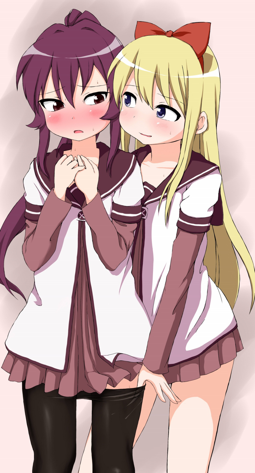 2girls, black_legwear, blonde_hair, blue_eyes, blush, bow, hair_bow, highres, long_hair, multiple_girls, negetsu, open_mouth, pantyhose, pantyhose_pull, ponytail, purple_hair, school_uniform, serafuku, sugiura_ayano, sweatdrop, toshinou_kyouko, violet_eyes, yuri, yuru_yuri