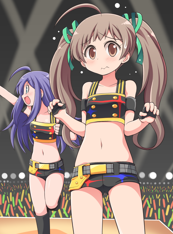 2girls, ahoge, belt, blush, boots, brown_eyes, brown_hair, celebi_ryousangata