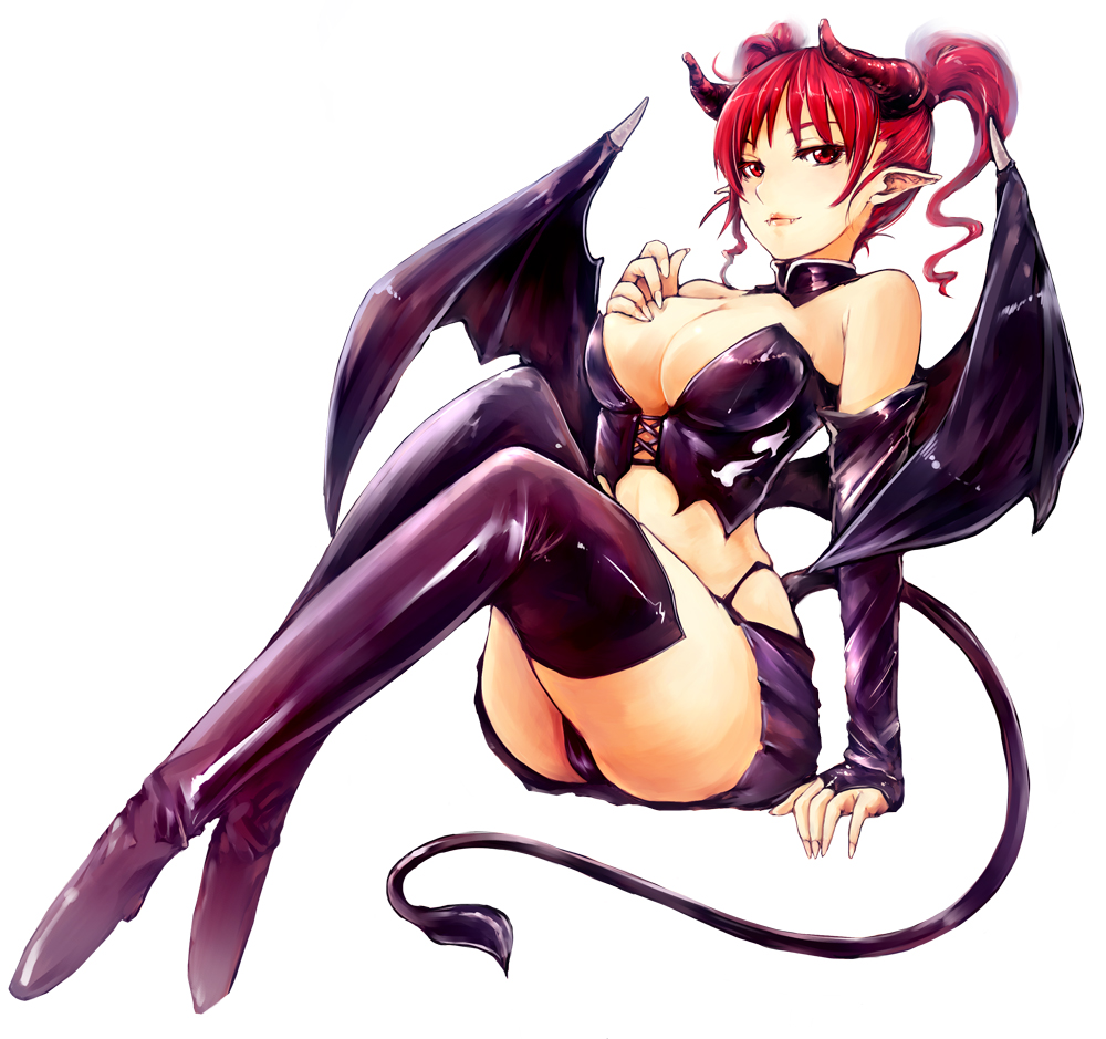 1girl, bat_wings, black_gloves, black_legwear, black_panties, breasts, bridal_gauntlets, cleavage