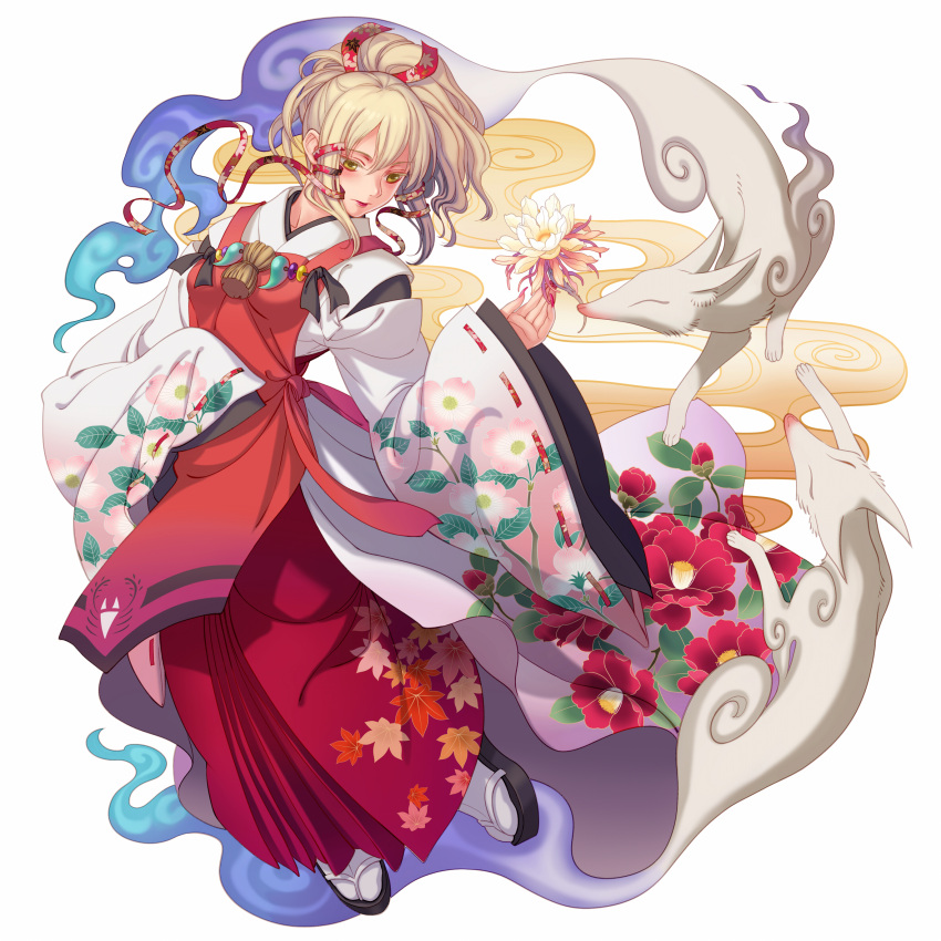 1girl, blonde_hair, eclosion, floral_print, flower, hair_ribbon, highres, inari_konkon_koi_iroha., japanese_clothes, lips, long_hair, miko, ponytail, ribbon, roro_(inakon), sandals, shishi_(inakon), tabi, tress_ribbon, uka-no-mitama-no-kami_(inakon), yellow_eyes