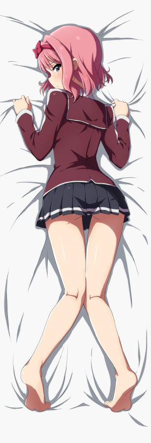1girl, ass, barefoot, black_eyes, blush, bow, breasts, dakimakura