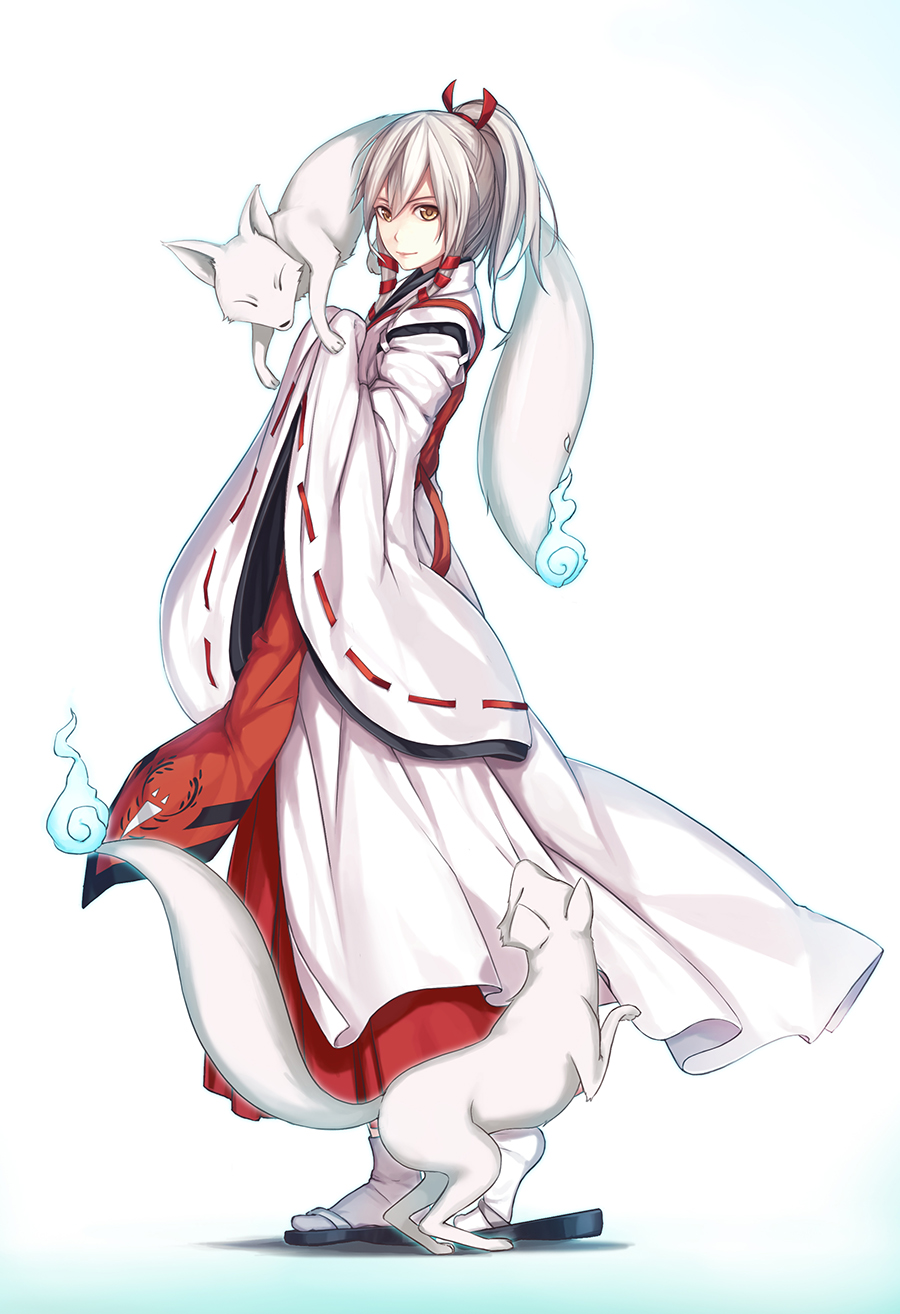 1girl, blonde_hair, hair_ribbon, highres, inari_konkon_koi_iroha., japanese_clothes, lips, long_hair, miko, nian, ponytail, ribbon, roro_(inakon), sandals, shishi_(inakon), tress_ribbon, uka-no-mitama-no-kami_(inakon), yellow_eyes