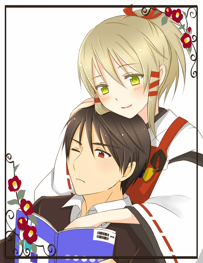 1girl, blonde_hair, blush, book, fushimi_touka, hair_ribbon, hand_on_head, inari_konkon_koi_iroha.