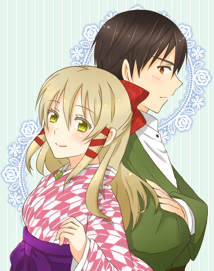 1boy, 1girl, alternate_costume, back-to-back, blonde_hair, crossed_arms, fushimi_touka, hair_ribbon