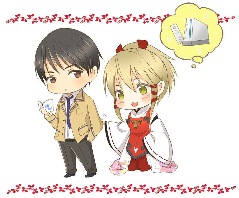 1boy, 1girl, black_hair, blonde_hair, blush, book, brown_eyes, chibi