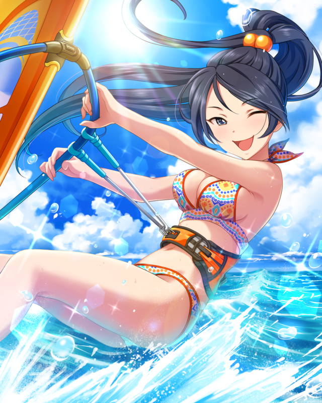 1girl, ;d, bikini, black_hair, blush, breasts, cleavage, idolmaster