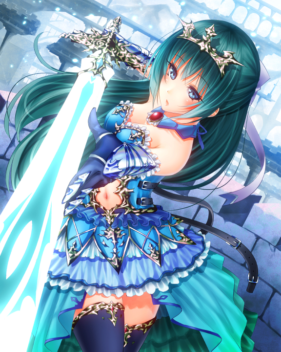 1girl, aqua_hair, armor, armored_dress, belt, black_legwear, blue_eyes, breasts