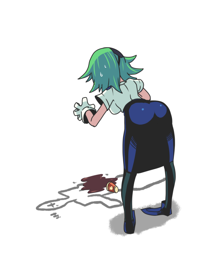1girl, ass, bent_over, breasts, chalk_outline, coffee, eyepatch, from_behind