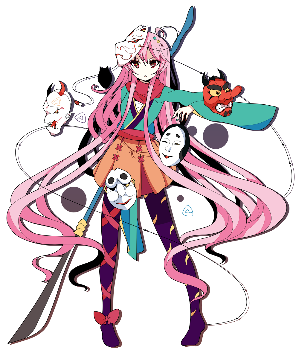 1girl, akiposo2580, alternate_costume, fox_mask, hata_no_kokoro, highres, long_hair, mask, naginata, no_shoes, noh_mask, oni_mask, pantyhose, pink_hair, polearm, purple_legwear, red_eyes, scarf, touhou, very_long_hair, weapon, wide_sleeves